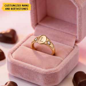 Personalized Minimalist Dual Birthstones Ring With Initial & Birthstones - Valentine's Day Anniversary & Birthday Jewelry For Her & Couple