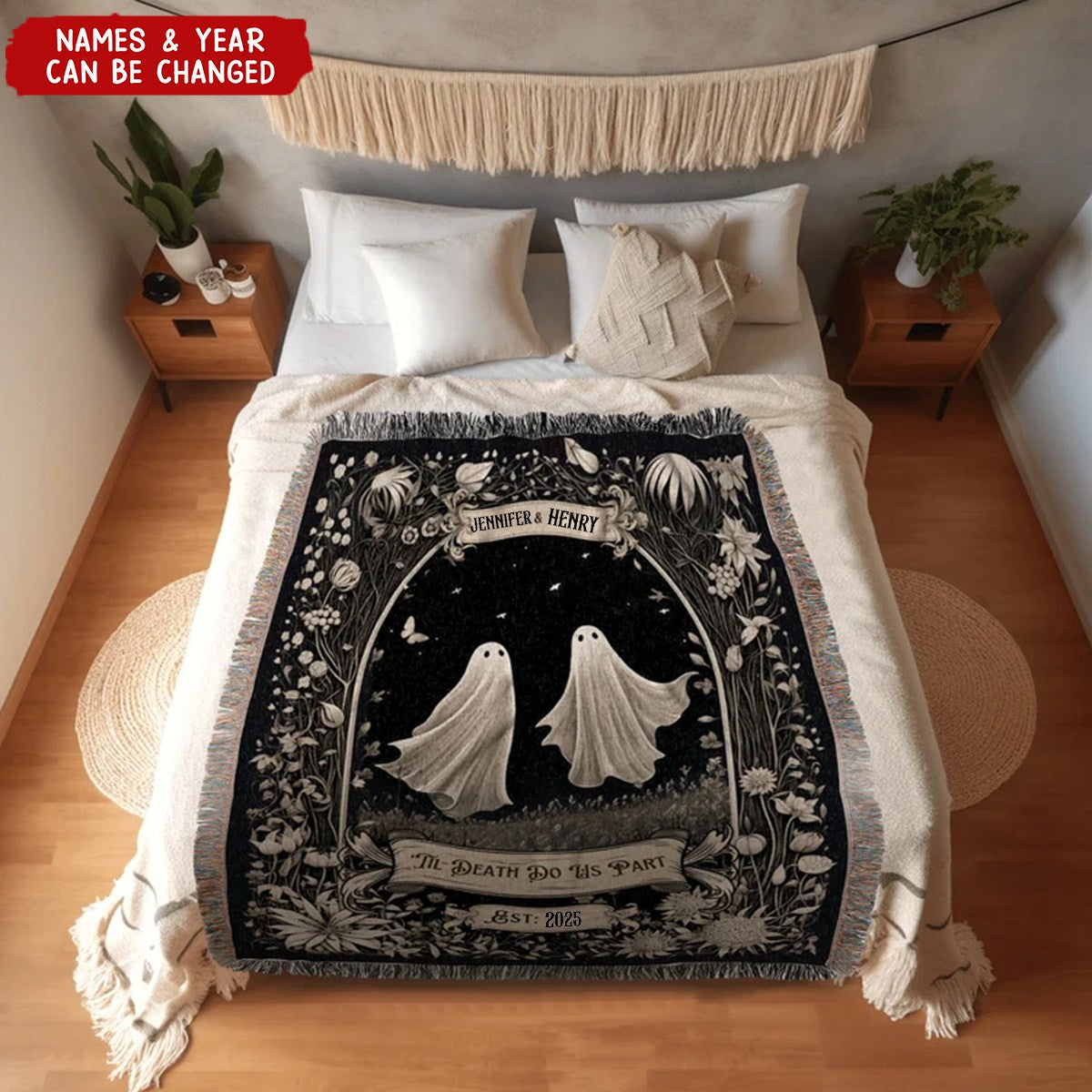 Custom "Till Death Do Us Part" Blanket - Personalized Name & Year Gothic Wedding, Anniversary & Halloween Gift For Couples & Newlyweds