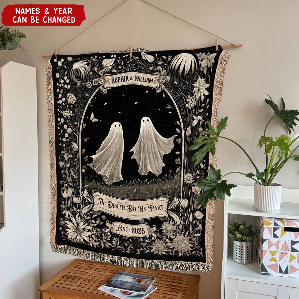 Custom "Till Death Do Us Part" Blanket - Personalized Name & Year Gothic Wedding, Anniversary & Halloween Gift For Couples & Newlyweds