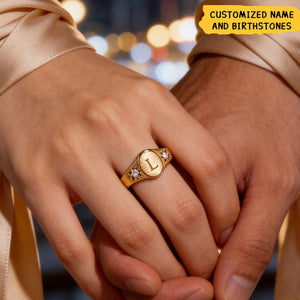 Personalized Minimalist Dual Birthstones Ring With Initial & Birthstones - Valentine's Day Anniversary & Birthday Jewelry For Her & Couple