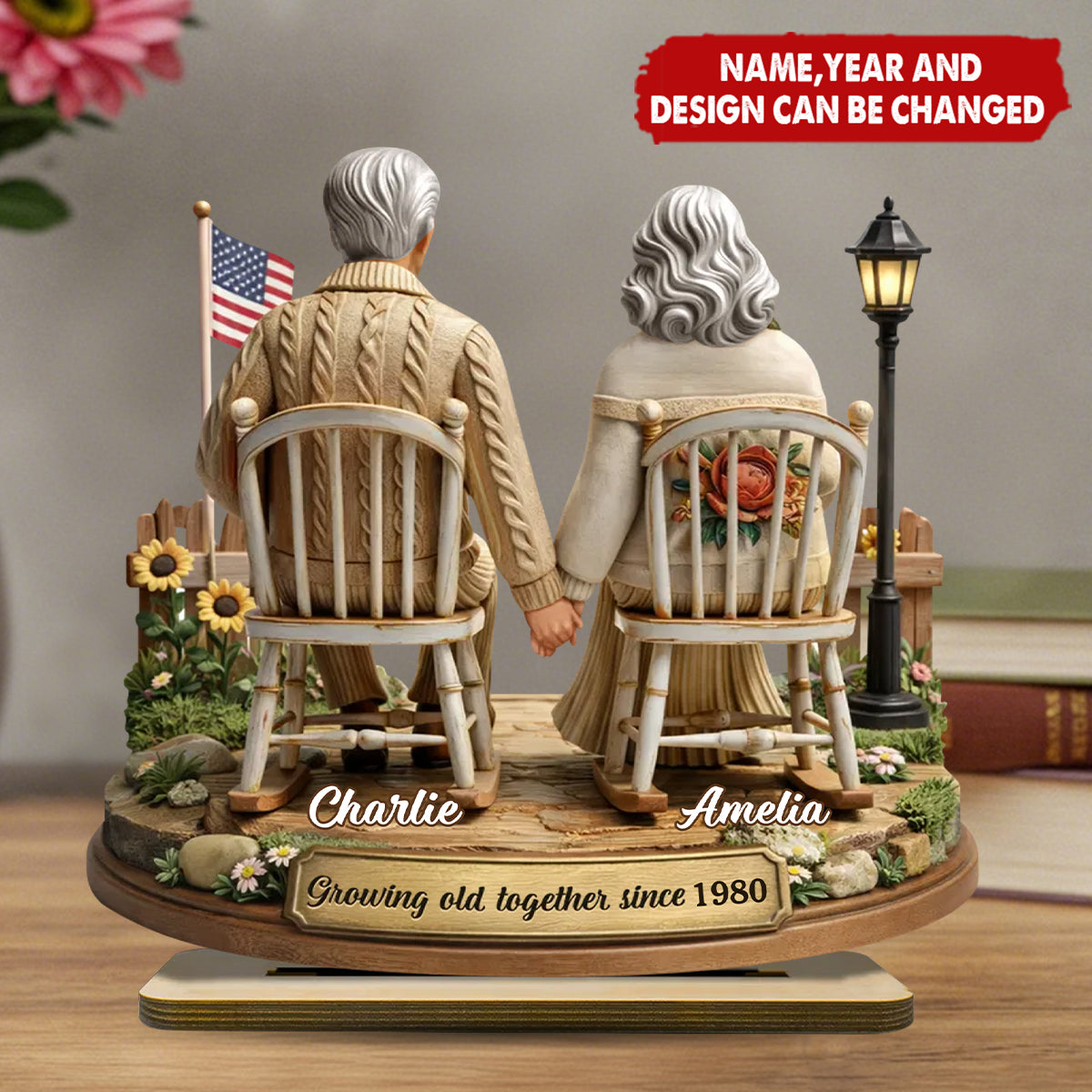 Personalized 3D Effect "Growing Old Together" Wooden Plaque With Icons & Names & Year | Anniversary Valentine's Day Gift For Grandparents Couples