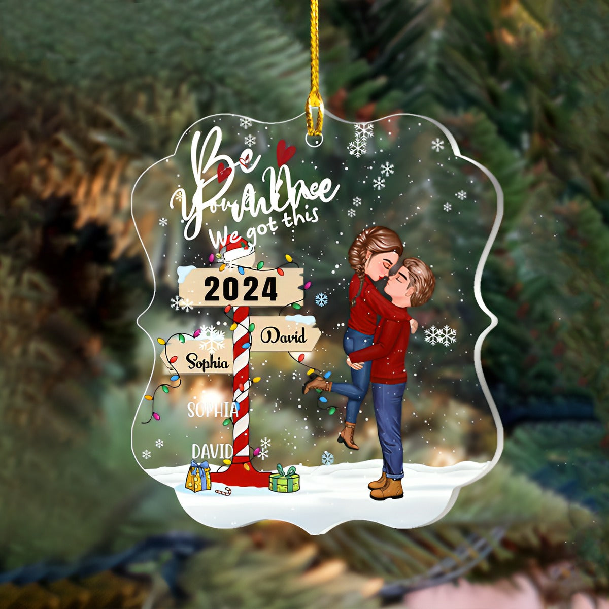 Winter Couple Hugging Kissing In The Snow Personalized Acrylic Christmas Ornament