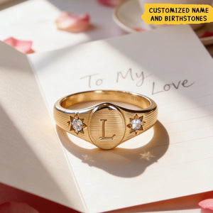 Personalized Minimalist Dual Birthstones Ring With Initial & Birthstones - Valentine's Day Anniversary & Birthday Jewelry For Her & Couple