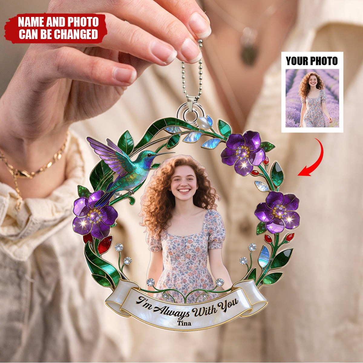 Personalized Red Cardinal & Flower Wreath Car Acrylic Ornament With Name & Photo - Memorial Keepsake Sympathy Decor For Loss Of Loved One