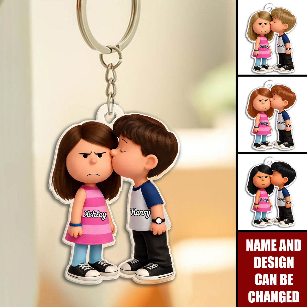 Personalized Cartoon Pouting Girl & Kissing Boy Keychain With Names & Icons - Humor Accessory Valentine's Day Or Birthday Gift For Couples