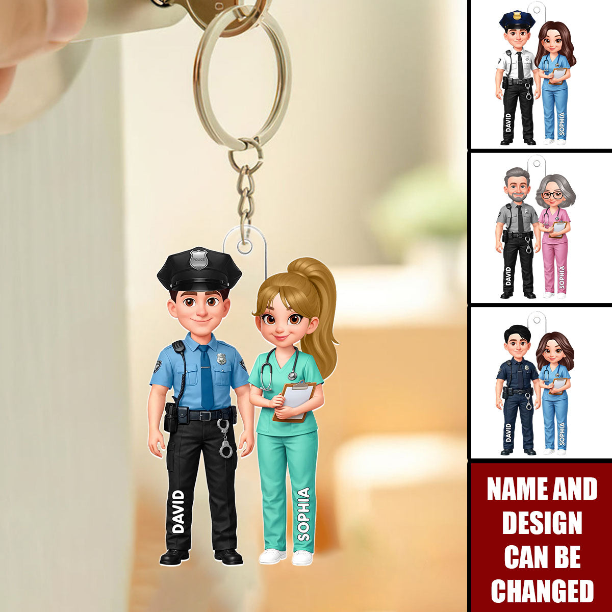 Personalized Double-Sided Acrylic Keychain With Names & Icons  -Valentine's Day Keepsake Anniversary Gift For Police & Nurse Couple