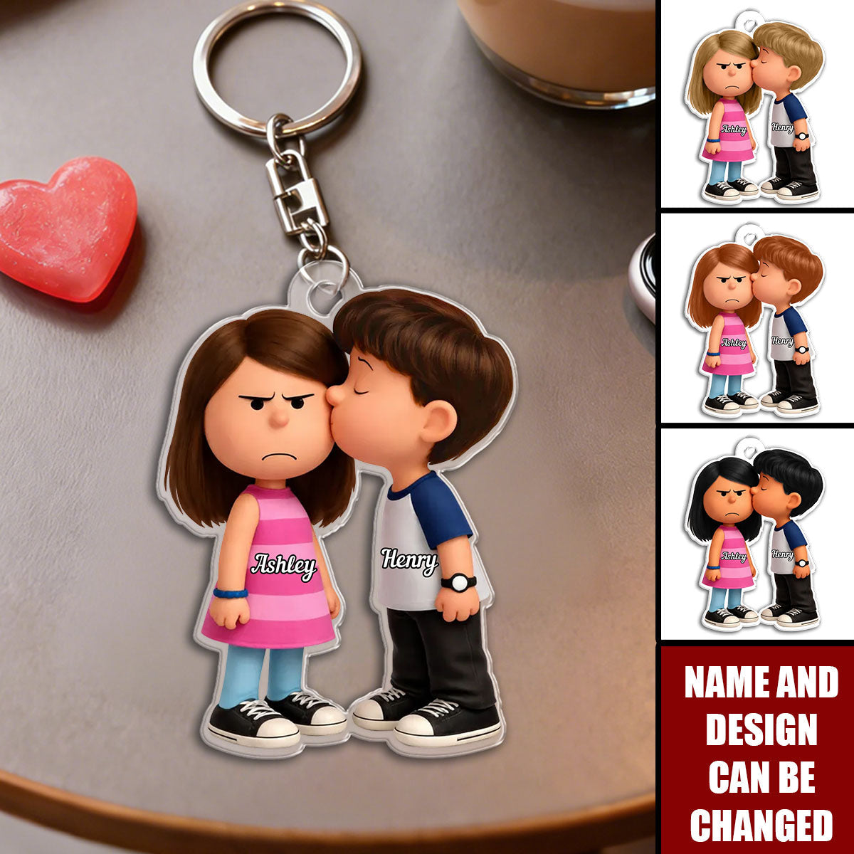 Personalized Cartoon Pouting Girl & Kissing Boy Keychain With Names & Icons - Humor Accessory Valentine's Day Or Birthday Gift For Couples