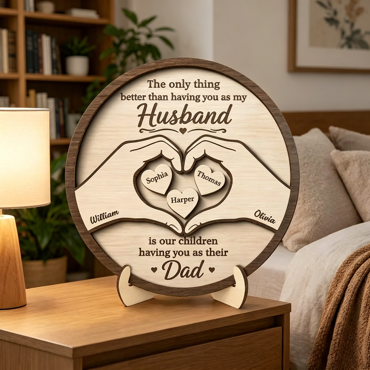 Personalized 2-Layer Heart Hands Wooden Plaque With 1-6 Kid's Names | Father's Day Gift For Husband & Dad