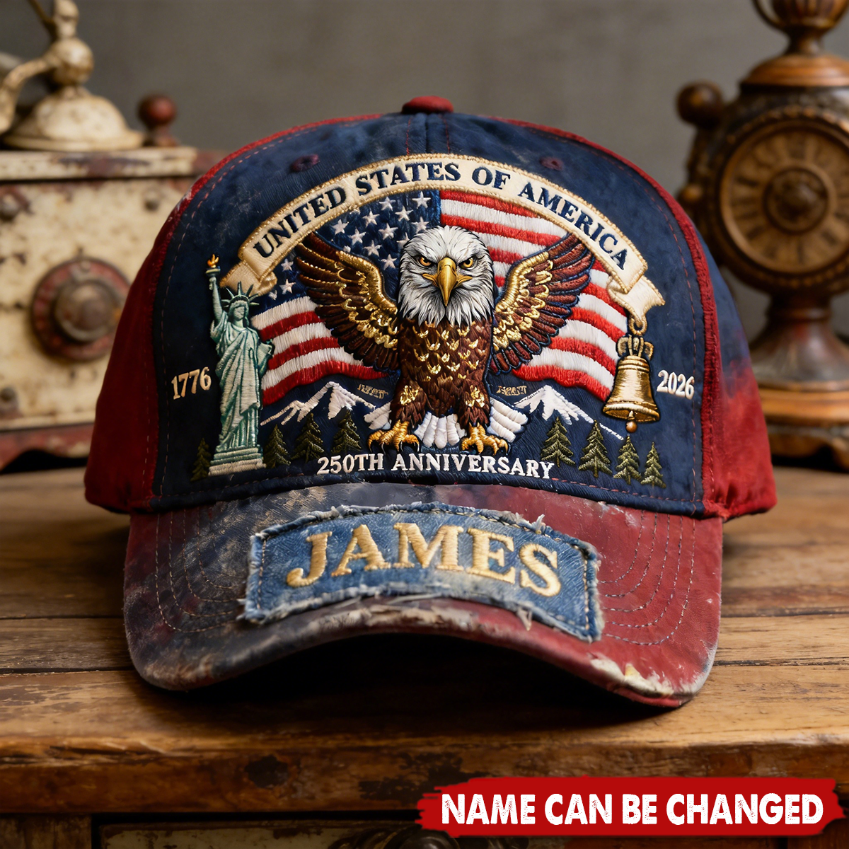 Customized Vintage Embroidery USA 250th Anniversary Eagle Distressed Baseball Hat With Name - Unique Independence Day 2026 Keepsake For Men