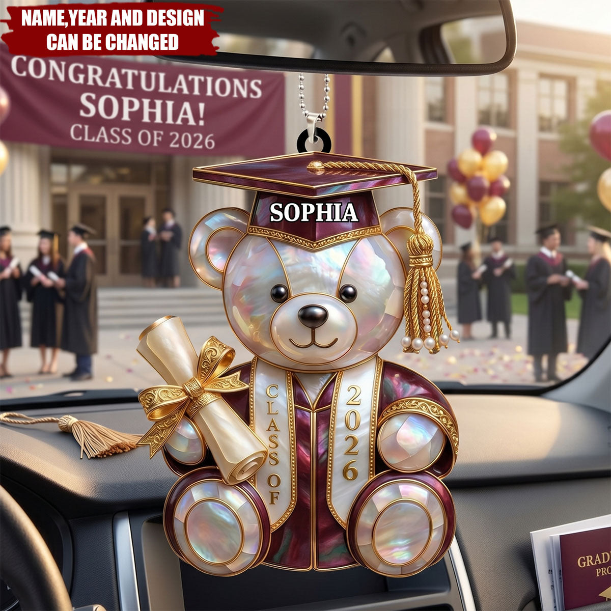 Class Of Graduation Bear - Personalized Acrylic Car Hanger Gift For Students