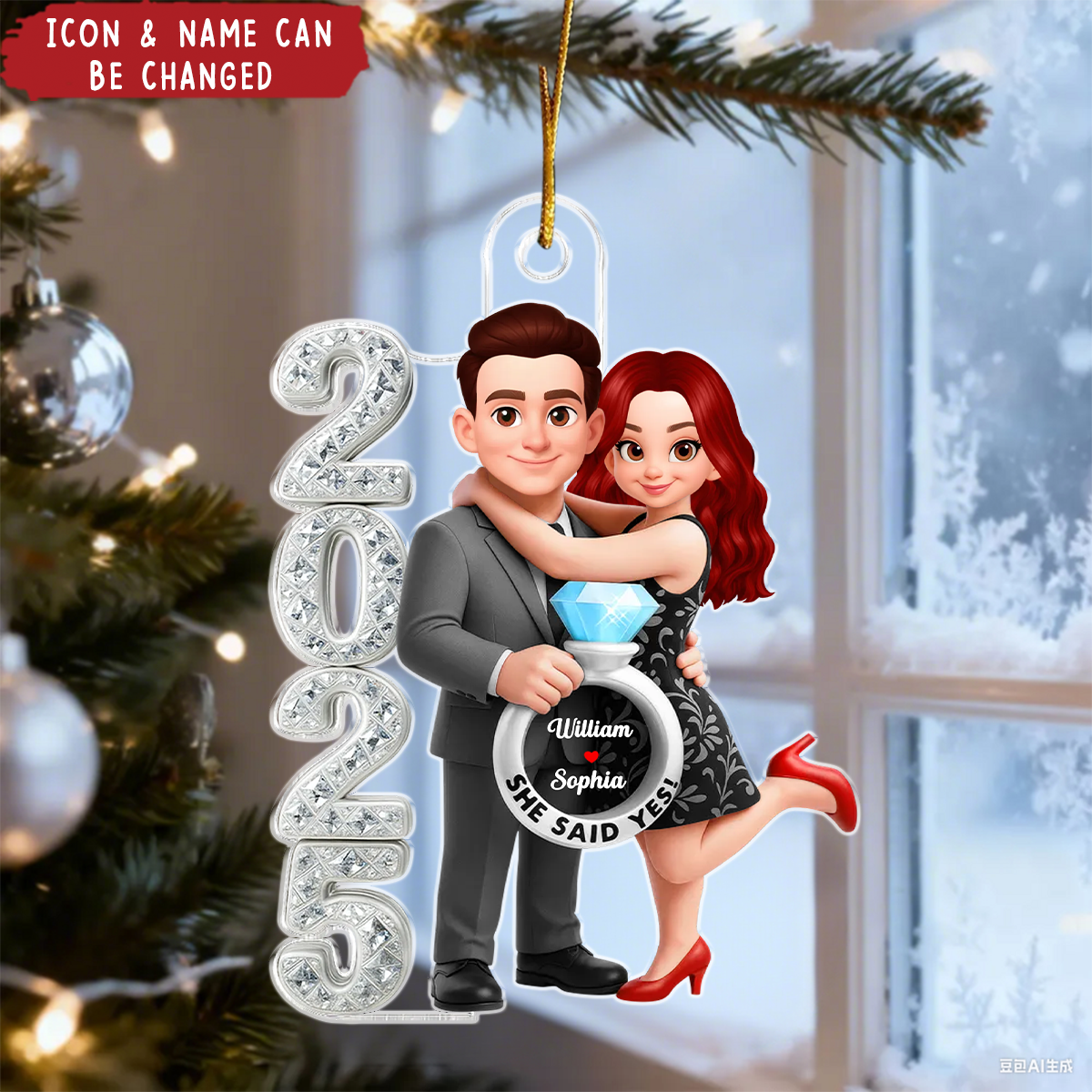 Personalized Couple 3D Effect Acrylic Ornament - Keepsake Engagement Gift For Fiance Christmas Tree Decoration