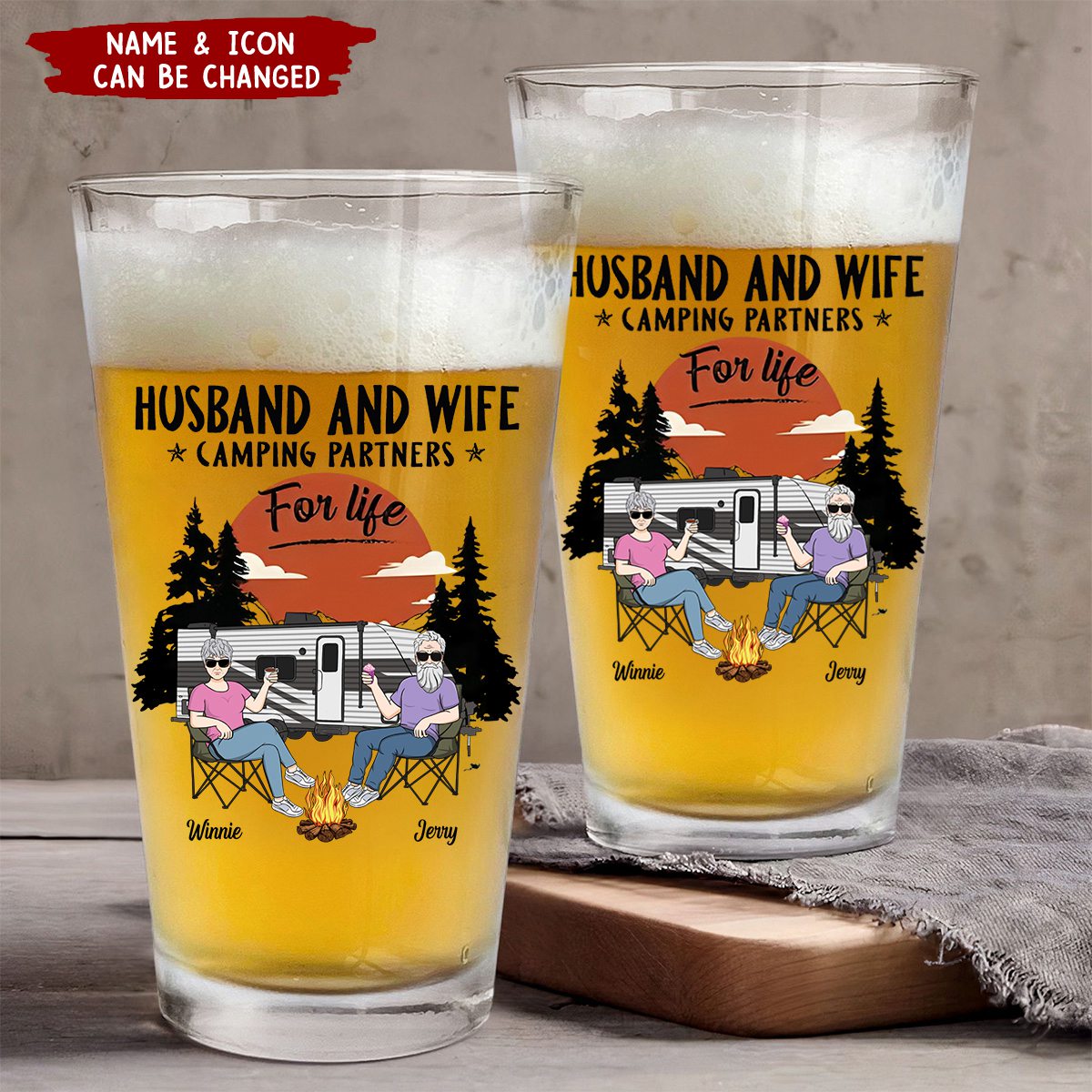Personalized "Husband And Wife Camping Partners For Life" Beer Glass - Customized Name & Icon | Birthday,Christmas,Anniversary Gift