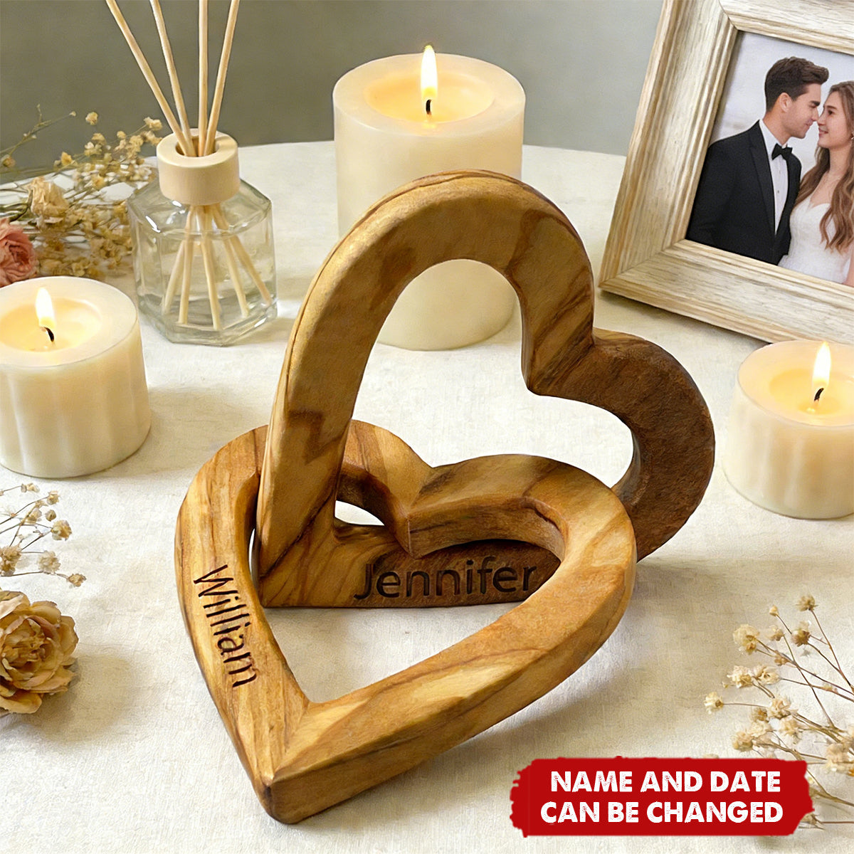 Personalized Wood Interlocking Heart Sculpture With Names & Date | Romantic "Infinite Love" Wedding Valentime's Day Gift For Couples & Newlyweds