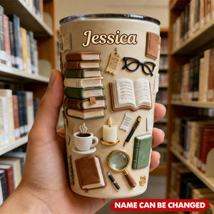 Personalized Insulated Spill-Proof Stack Of Books Tumbler Cup With Name -  Creative Birthday Gift For Book Lovers & Librarians