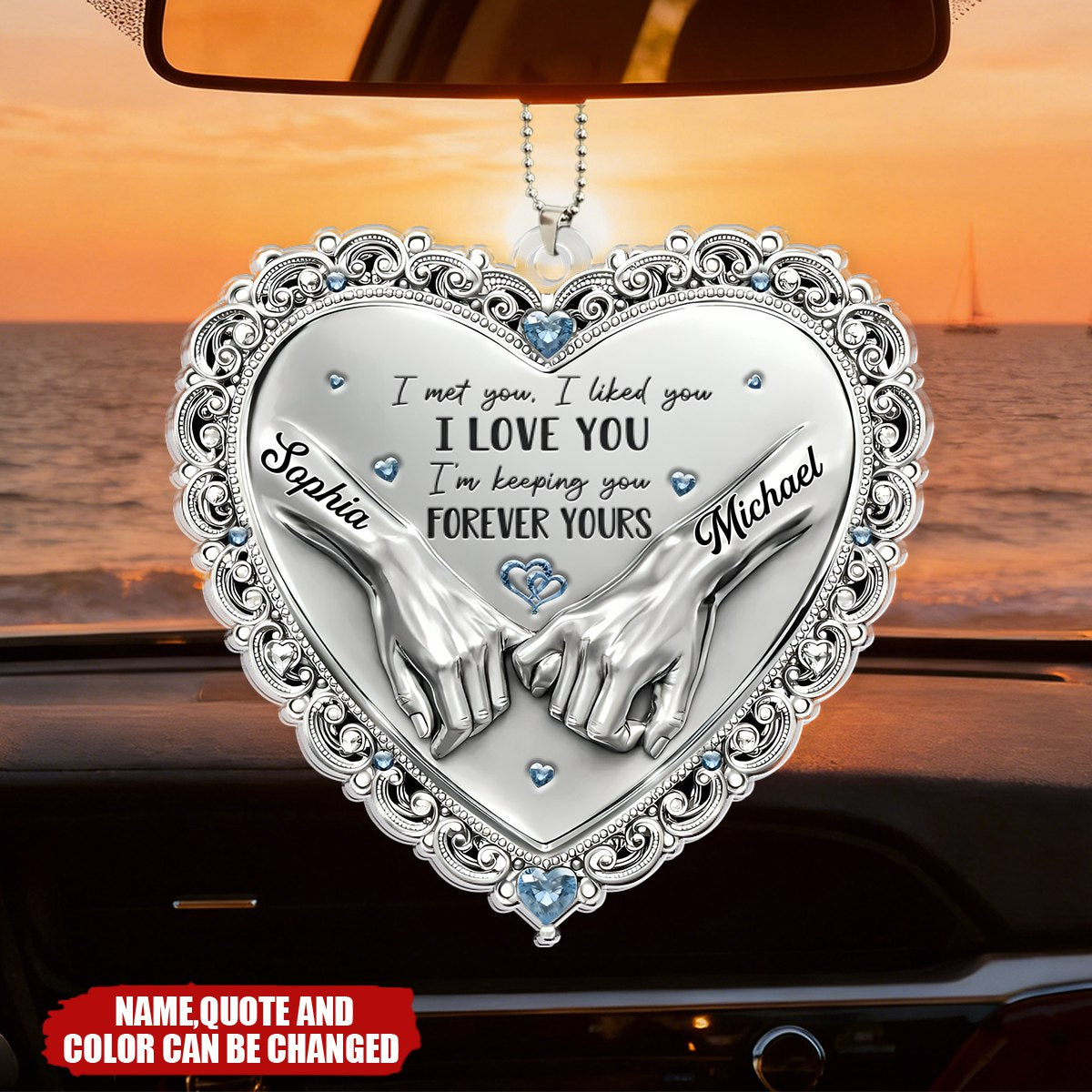 Personalized Holding Hands Heart Acrylic Car Ornament With Names & Quote & Color | Romantic Anniversary Wedding Valentine's Day Gift For Couples