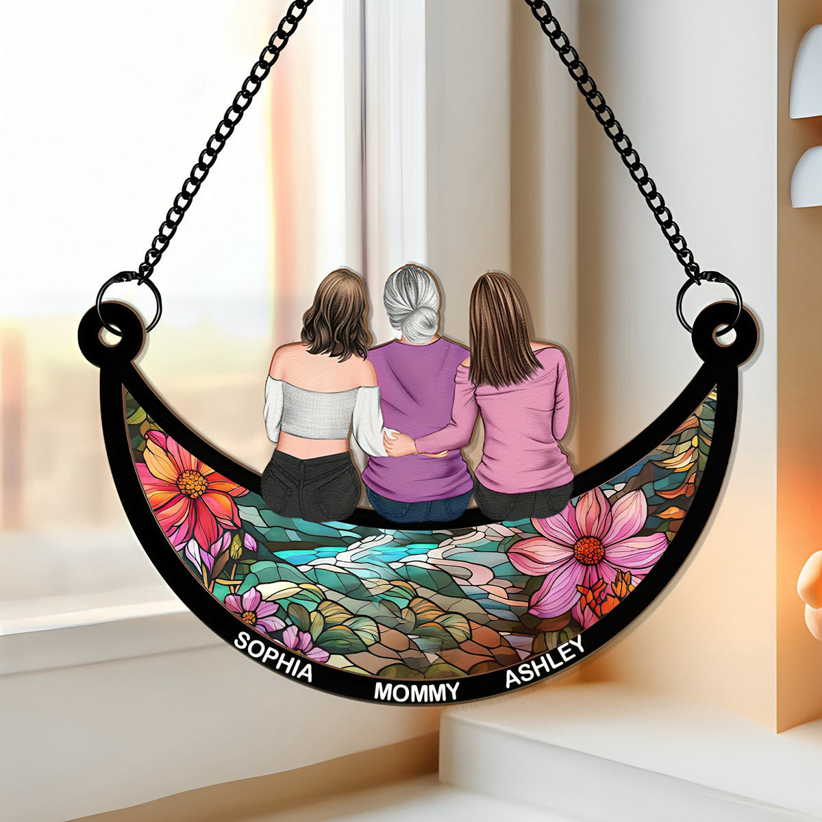 Mother & Daughter On The Moon Personalized Window Hanging Suncatcher Ornament