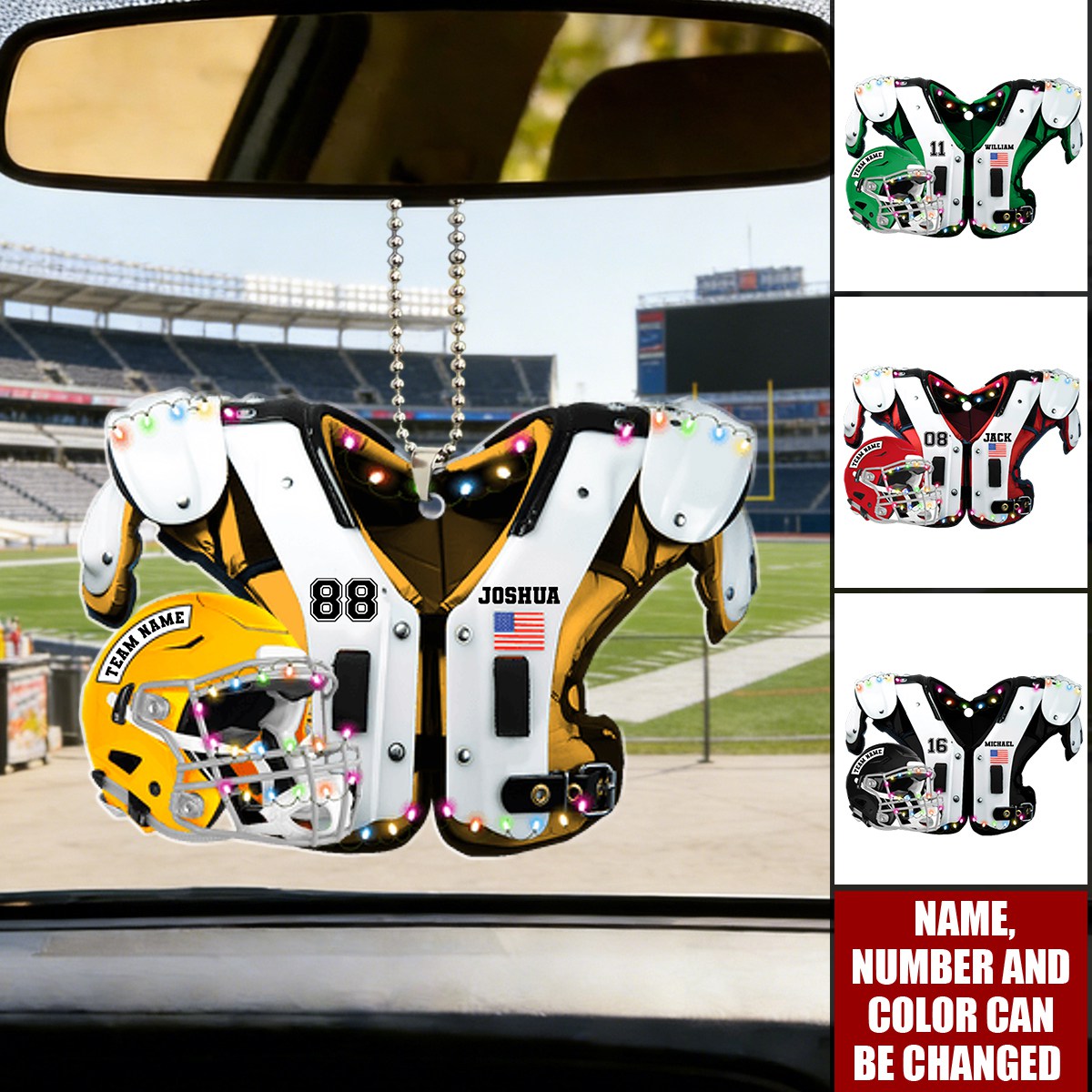 Personalized Football Shoulder Pads & Helmet Car Ornament With Name & Color & Number - Unique Sporty Gift For Teenagers & Athletes
