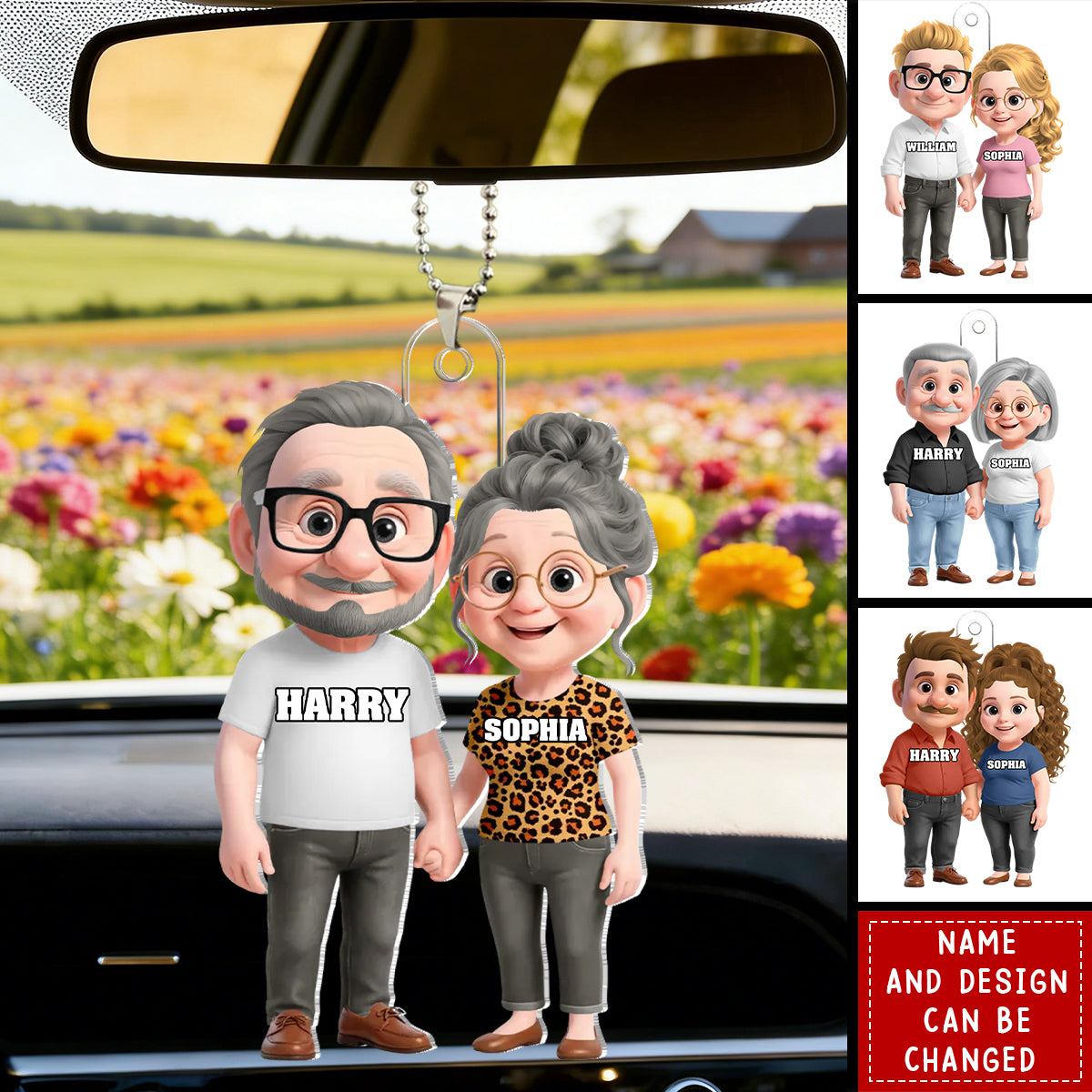 Personalized Cute Cartoon Couple Holding Hands Car Ornament With Names & Icons - Valentine's Day Keepsake Anniversary Gift For Soulmates