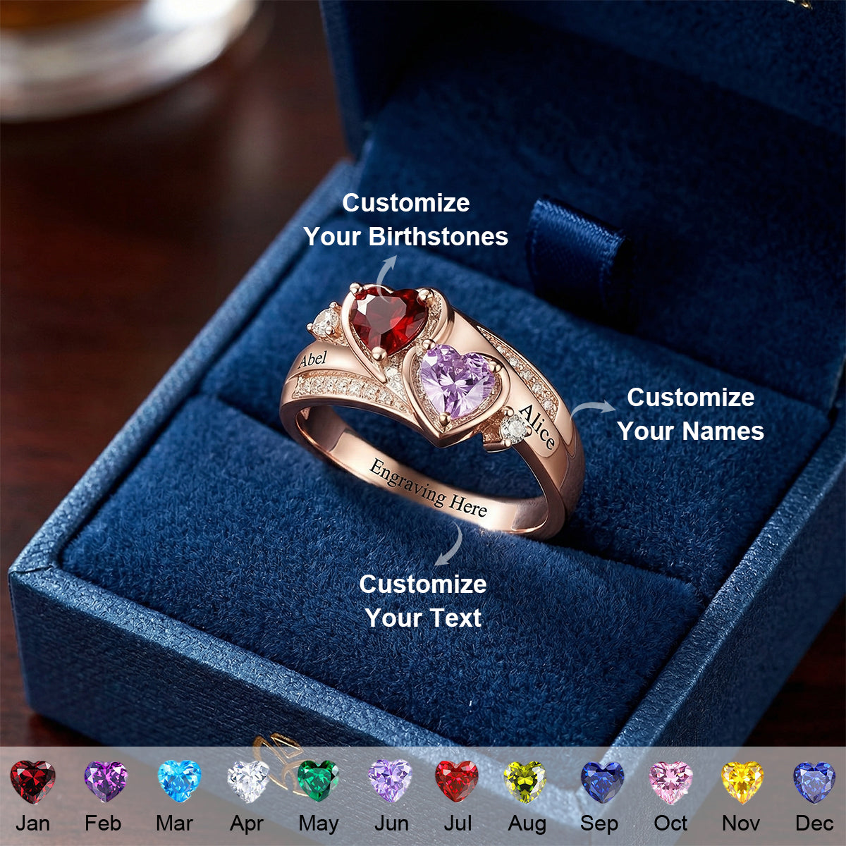 Personalized Couple's Duo Birthstone Ring With Names | Romantic  Anniversary Gift For Girlfriend