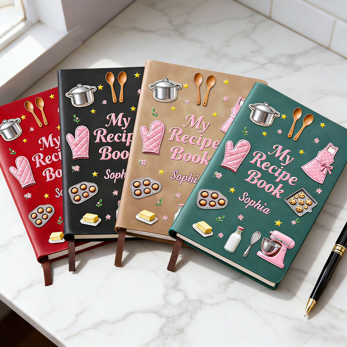 Personalized Leather Journal Recipe Book With Name & Baking Illustrations & Color | Perfect Gift For Mom Grandma & Bakers