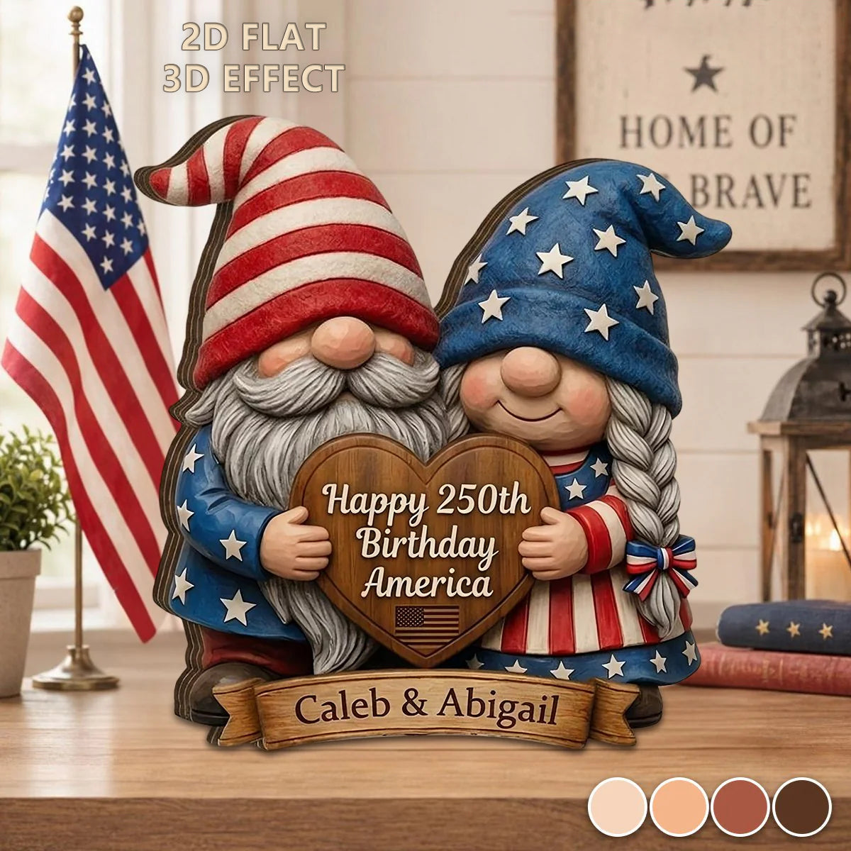 Happy 250th Birthday America - Personalized Custom Patriotic Gnome Couple Wood Block