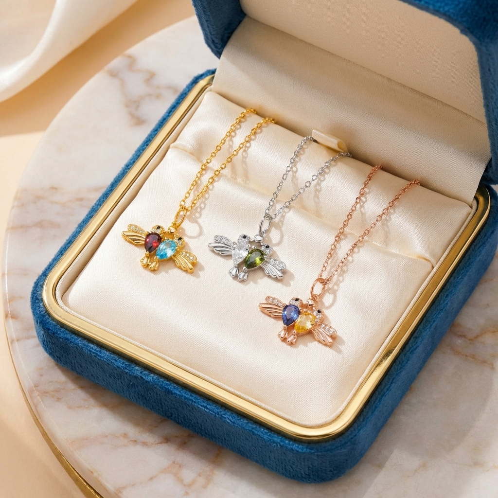 Personalized Double Hummingbirds Necklace with Birthstones | Mother's Day Anniversary Gift For Mom Grandma