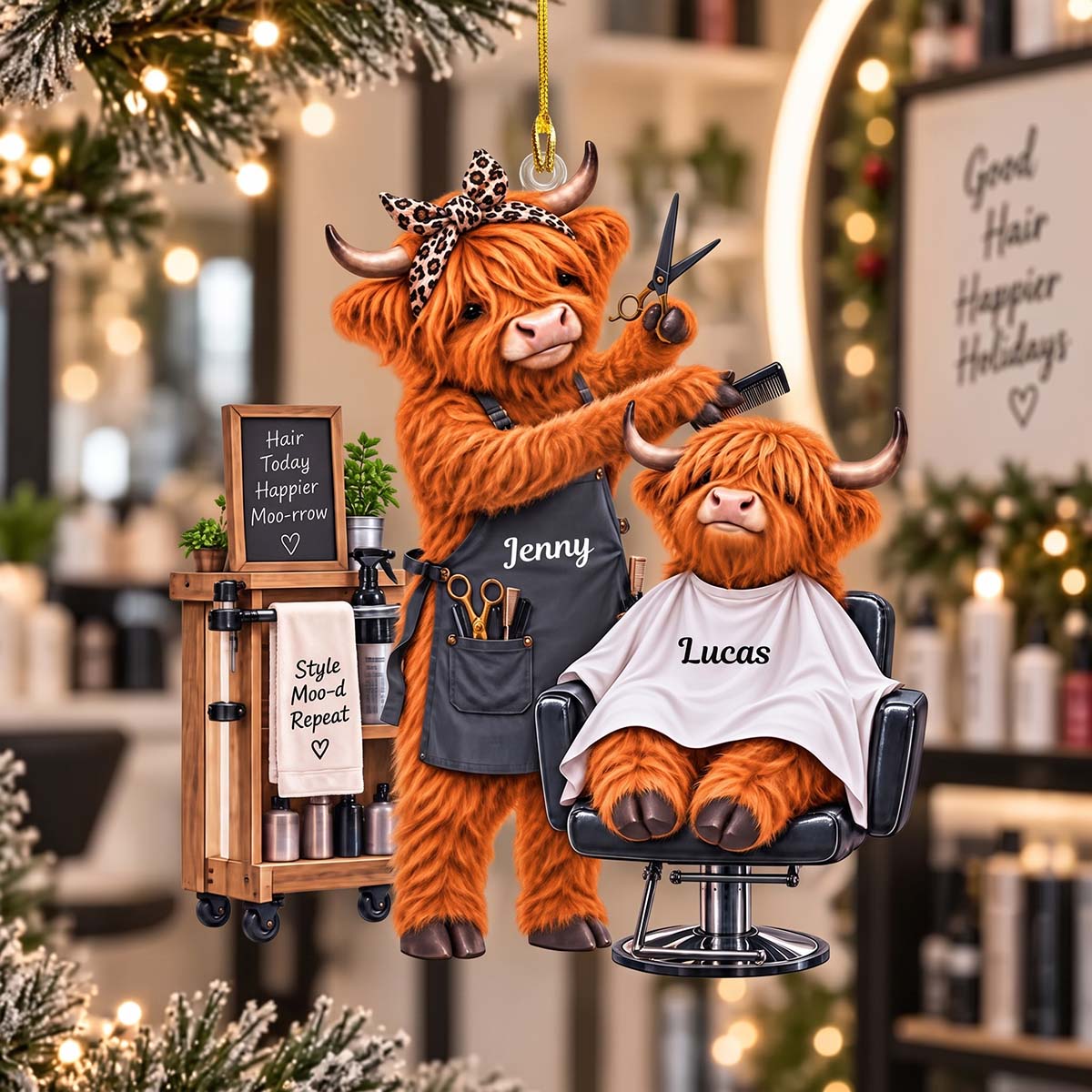 Personalized Highland Cow Hair Salon Acrylic Ornament | Funny Christmas Gift For Hair Stylists Barbers Salon Owners