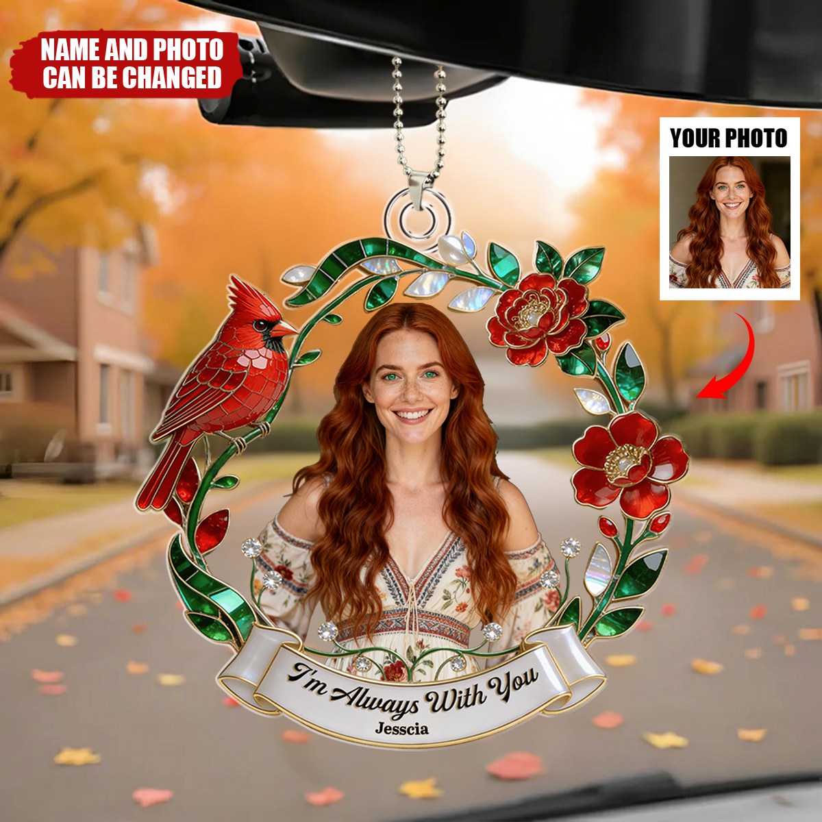Personalized Red Cardinal & Flower Wreath Car Acrylic Ornament With Name & Photo - Memorial Keepsake Sympathy Decor For Loss Of Loved One