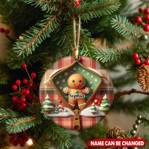 Personalized Funny Zipper Plaid Gingerbread Man Ceramic Ornament With Name & Jacket Design - Adorable Xmas Gift For Family Friend
