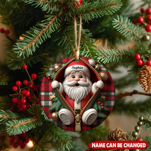Personalized Funny Zipper Plaid Santa Ceramic Christmas Ornament With Name - Humorous Holiday Decor For Family Friends
