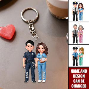 Personalized Double-Sided Acrylic Keychain With Names & Icons  -Valentine's Day Keepsake Anniversary Gift For Police & Nurse Couple