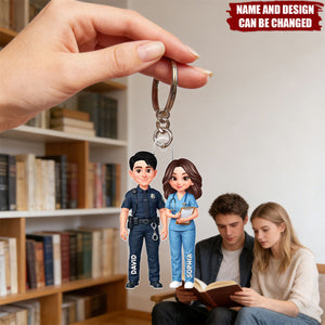 Personalized Double-Sided Acrylic Keychain With Names & Icons  -Valentine's Day Keepsake Anniversary Gift For Police & Nurse Couple