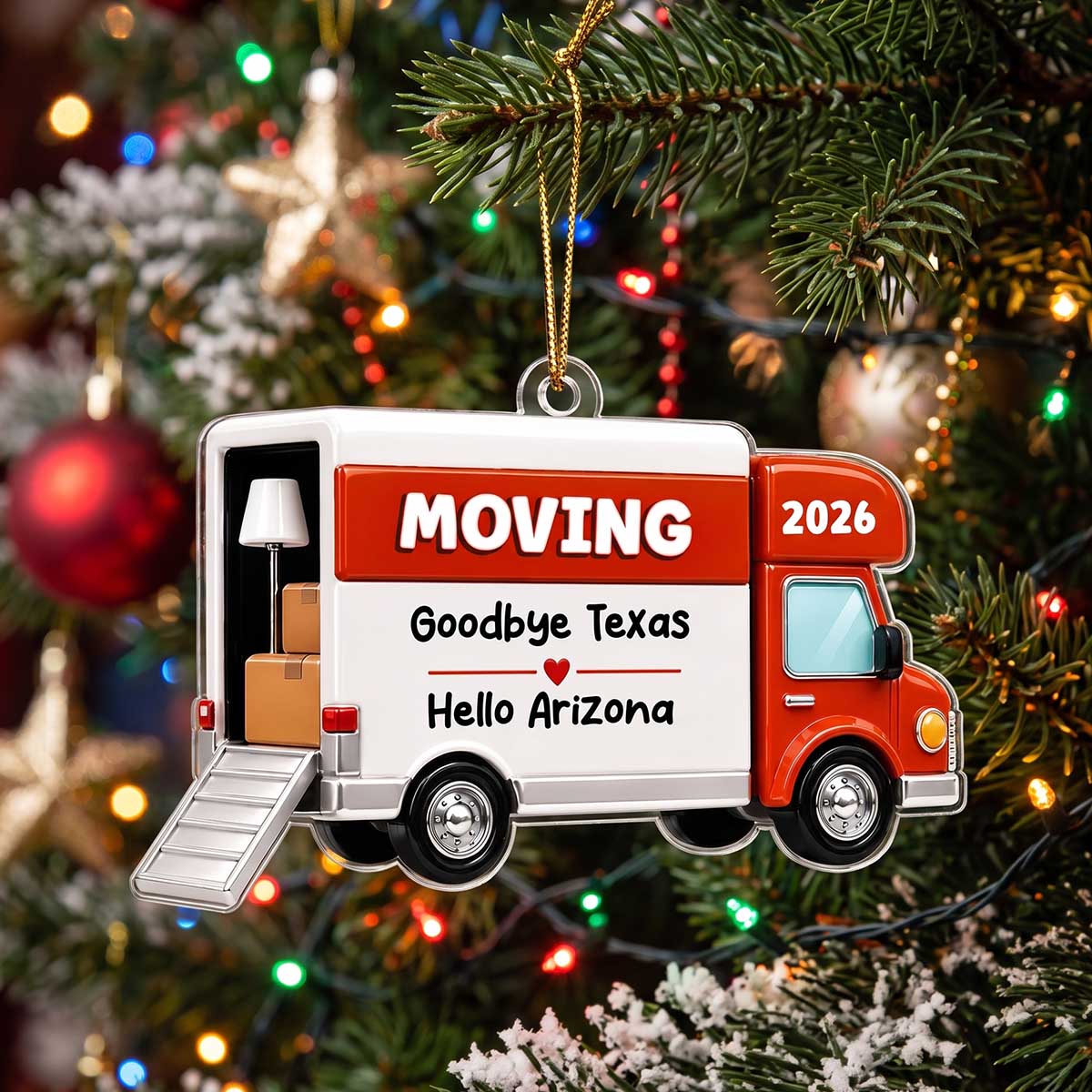Personalized Red Moving Van Acrylic Ornament | Christmas New Home Decor For Family & Movers
