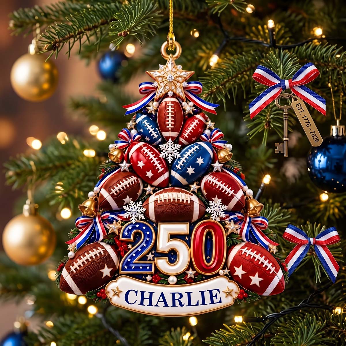 Personalized USA 250th Anniversary Football Acrylic Tree Ornament - Christmas Gift For Sports Lover