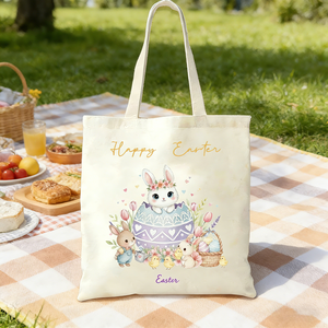 Personalized Watercolor Bunny Canvas Tote Bag With Name Happy Easter Egg Hunt Bag | Spring Party Favors Easter Gift For Kids