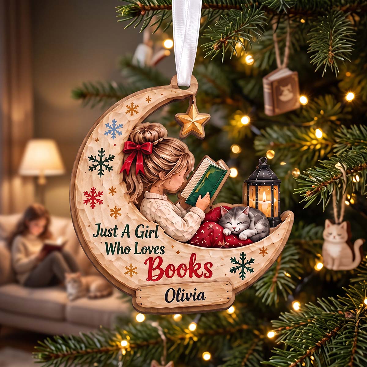 Personalized Girl Reading Book Wooden Ornament With Cat | Book Lover Christmas Tree Gift For Bookworm Girls