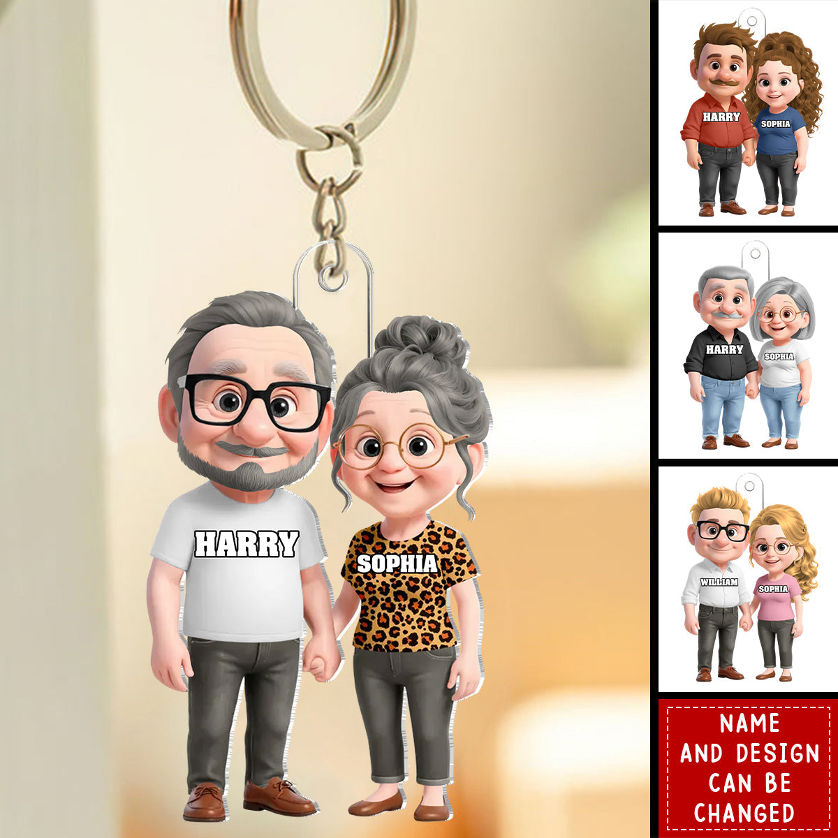 Personalized Cute Cartoon Couple Holding Hands Acrylic Keychain With Names & Icons - Valentine's Day Anniversary Gift For Husband And Wife