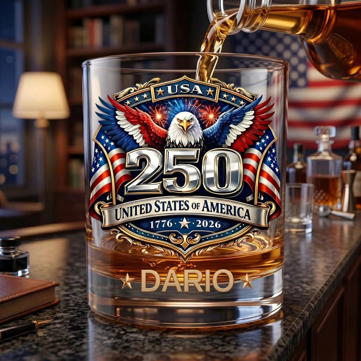 Personalized Patriotic 1776-2026 Whiskey Glass With Name - 250th Anniversary Father's Day Gift For Him