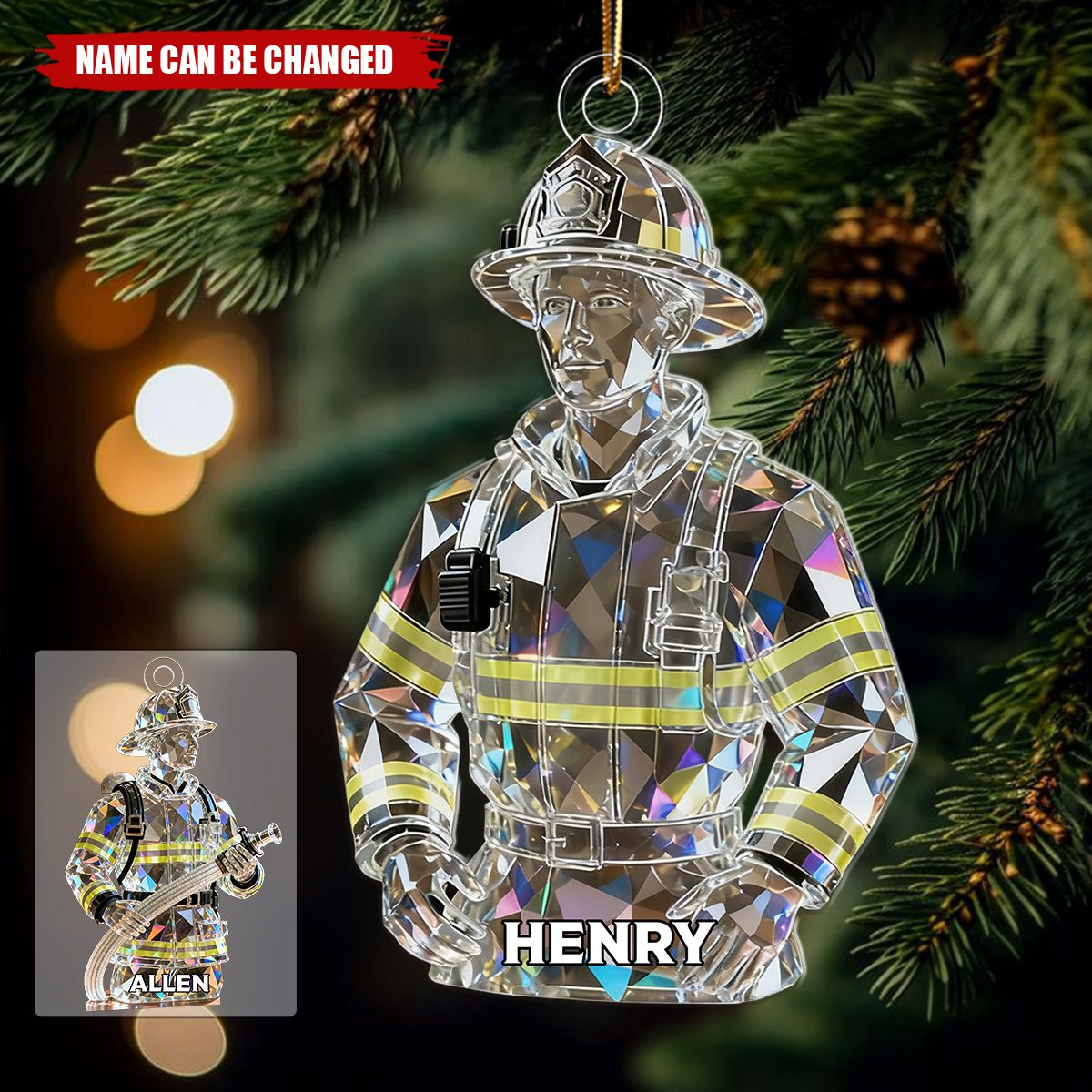 Personalized Firefighter 3D Effect Acrylic Ornament With Name – Christmas Tree Hanging Decor Birthday Gift For Firefighter