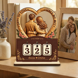 Personalized Names Love Days Tracker Wood Sign With Couple Rose Graphic For Anniversary Gift