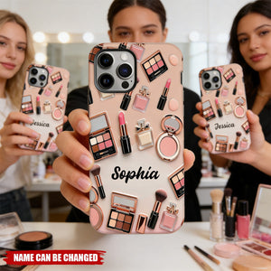 Personalized Makeup Tools Pattern Phone Case With Name - Stylish Makeup Artist Birthday Keepsake Gift For Girlfriend & Beauty Lovers