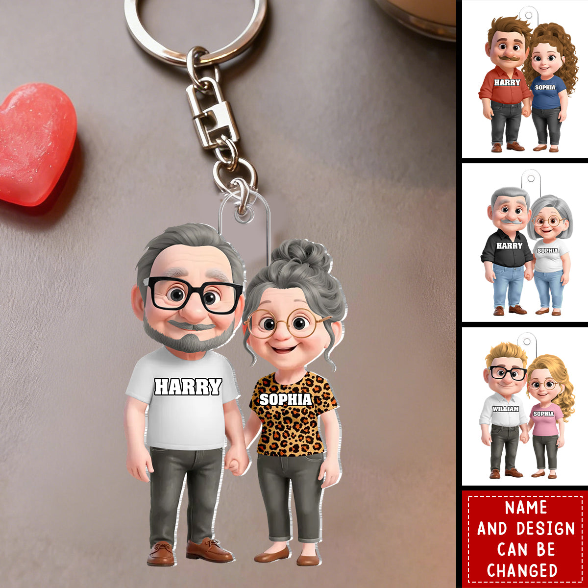 Personalized Cute Cartoon Couple Holding Hands Acrylic Keychain With Names & Icons - Valentine's Day Anniversary Gift For Husband And Wife