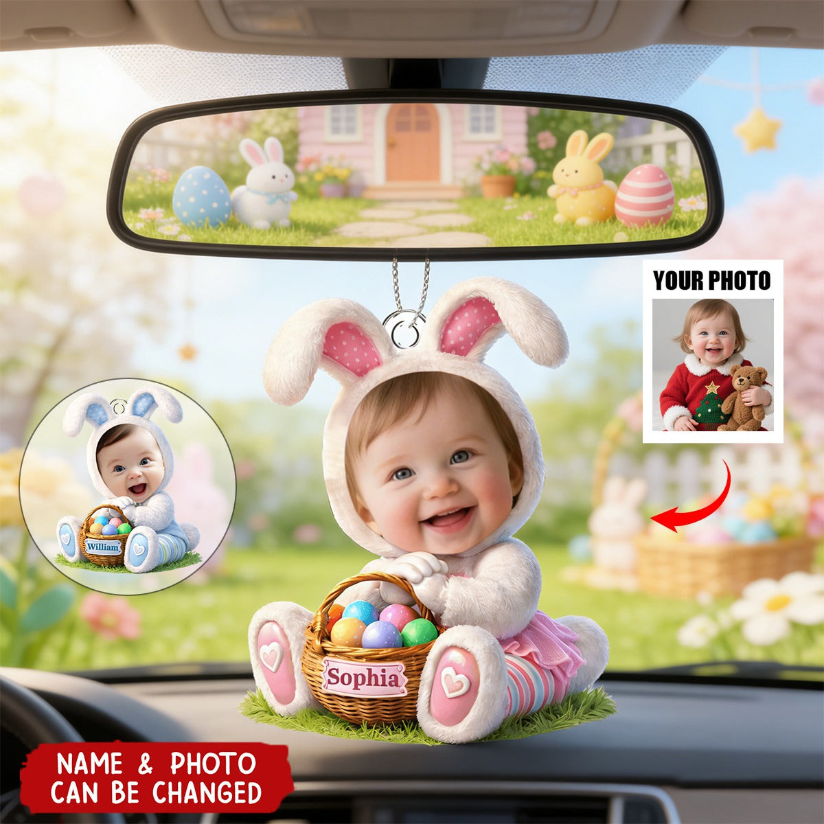 Personalized Easter Bunny Kid Car Ornament With Photo & Name | Cute 2026 Spring Gifts For Kids