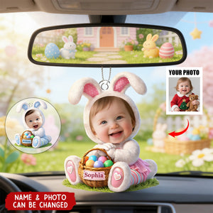 Personalized Easter Bunny Kid Car Ornament With Photo & Name | Cute 2026 Spring Gifts For Kids