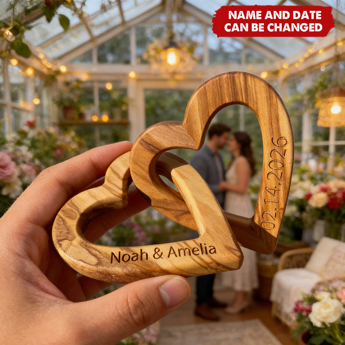 Personalized Wood Interlocking Heart Sculpture With Names & Date | Romantic "Infinite Love" Wedding Valentime's Day Gift For Couples & Newlyweds