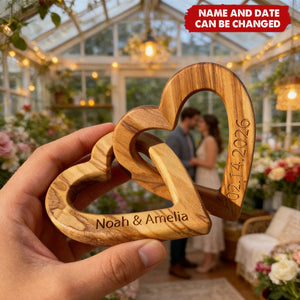 Personalized Wood Interlocking Heart Sculpture With Names & Date | Romantic "Infinite Love" Wedding Valentime's Day Gift For Couples & Newlyweds