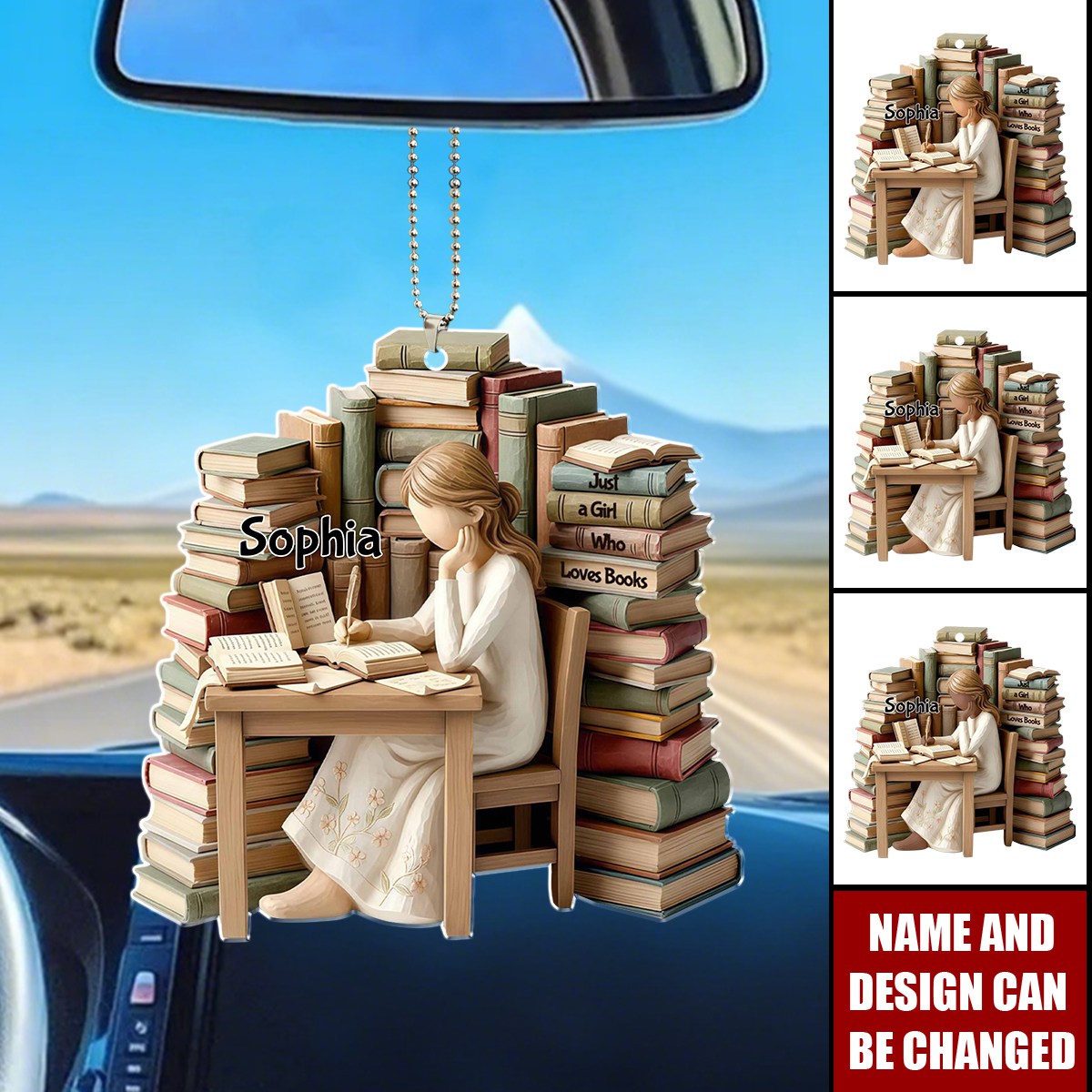 Personalized  3D Effect "Just A Girl Who Loves Books" Car Ornament With Name & Skin Tone | Creative Gift For Girl Book Lovers & Bibliophiles