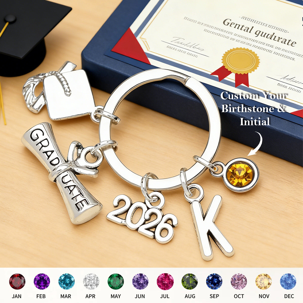 Personalized Graduation Keychain With Letter & Birthstone | Graduate Gift For Daughter Son