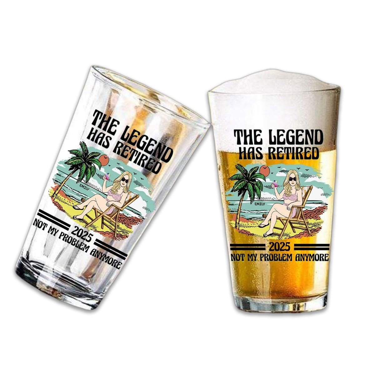 Personalized "The Legend Has Retired" Beer Glass - Vintage Beach Theme, Custom Name & Image, Exclusive Fun Souvenir Gift For Retiring People