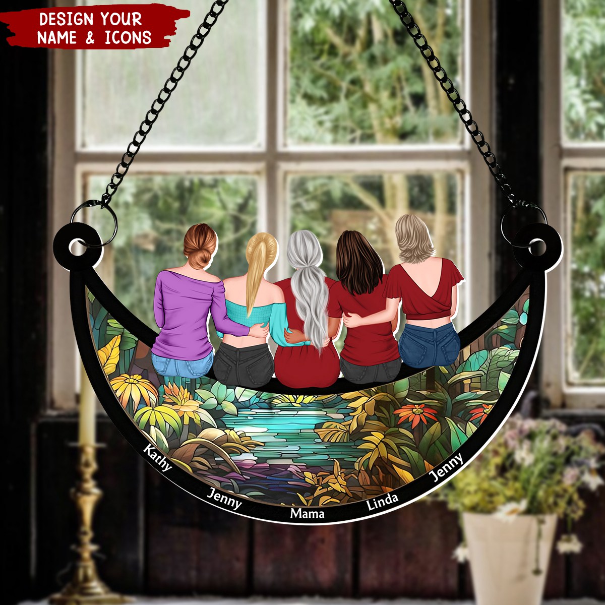 Mother & Daughter On The Moon - Personalized Window Hanging Suncatcher Ornament